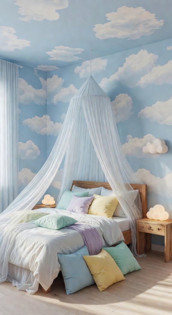 sky blue bedroom with cloud murals