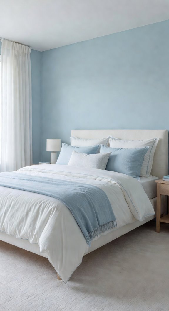soft blue walls white bedding