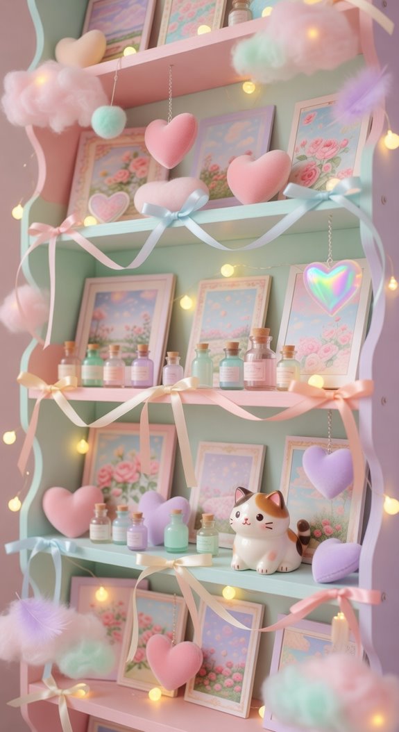 soft girl shelves pastel plushies candles