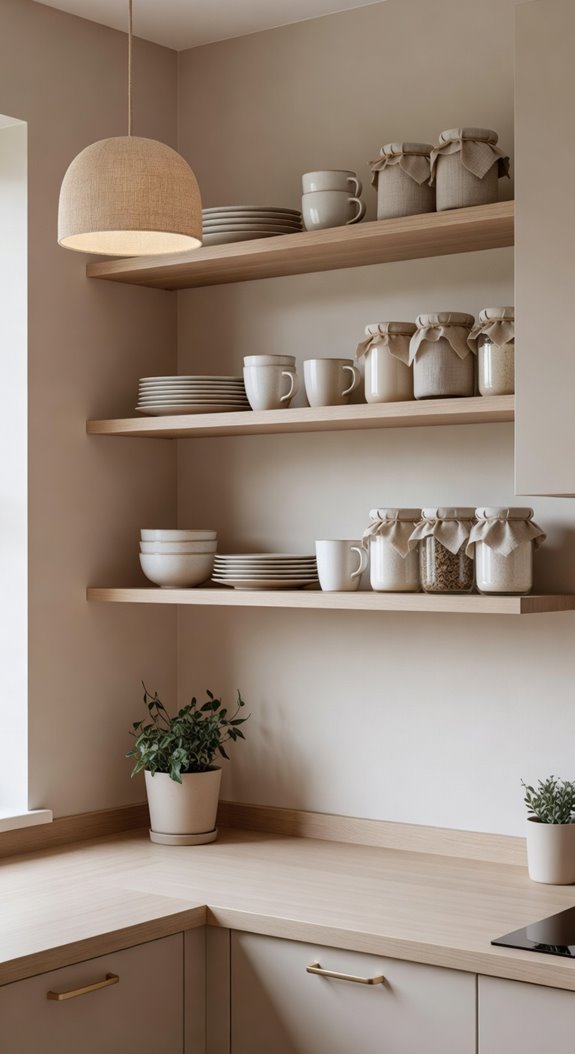 soft neutral kitchen with open shelves