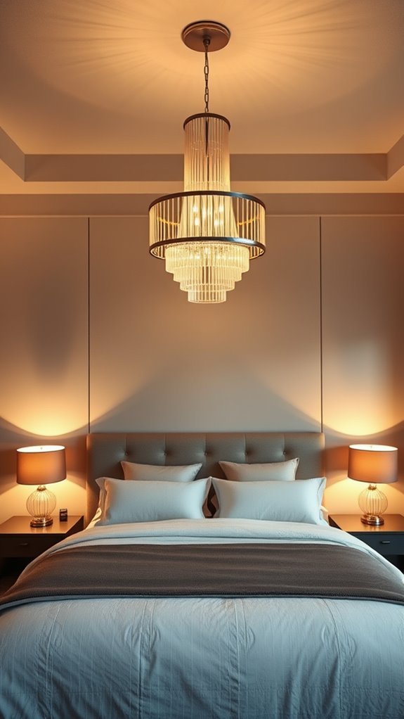statement chandeliers define bedroom focal points
