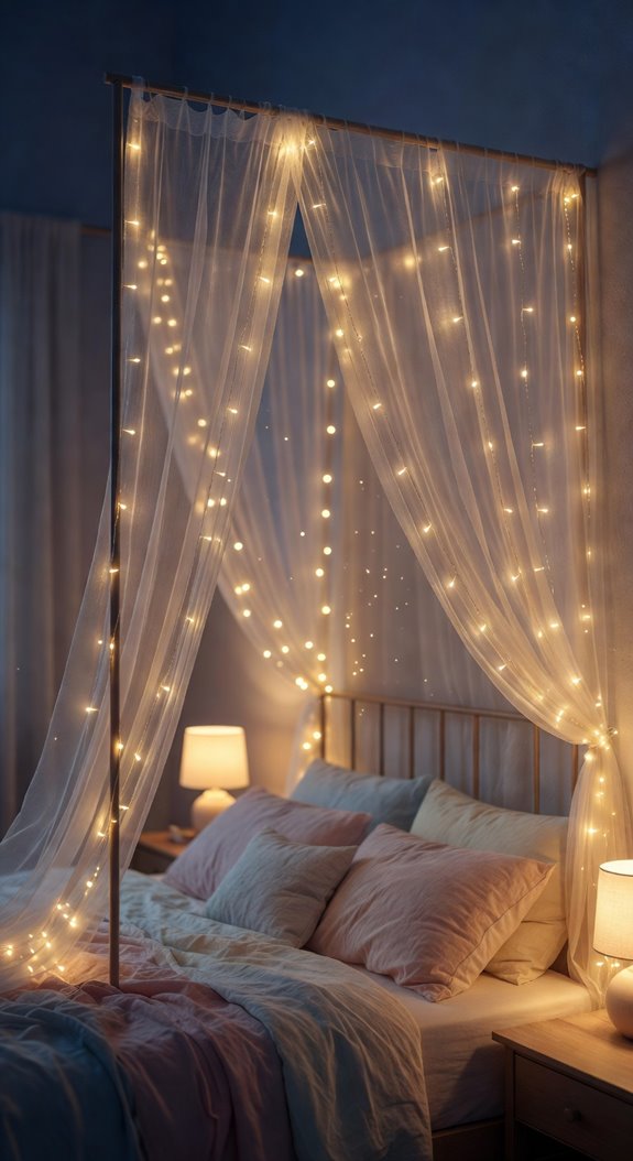 string lights behind sheer canopy headboard