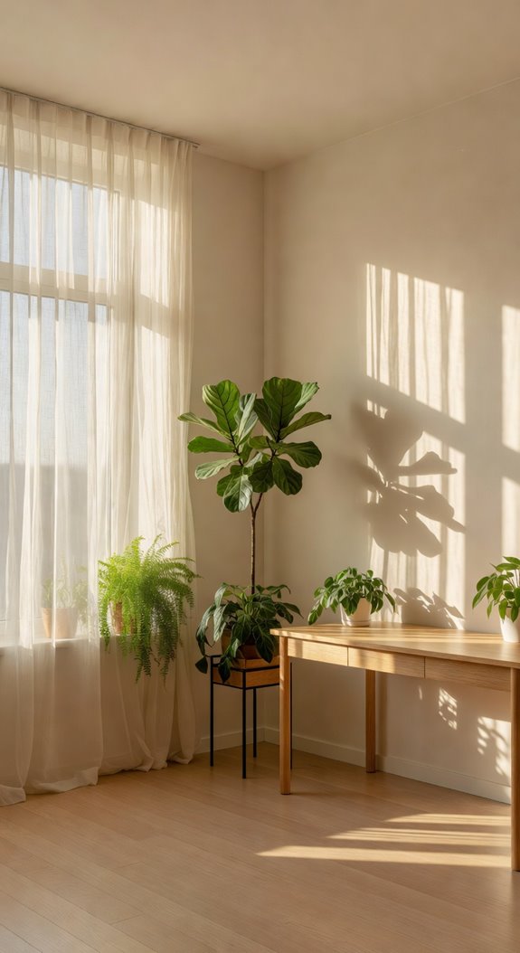 tall plants by windows shelves light reflecting walls