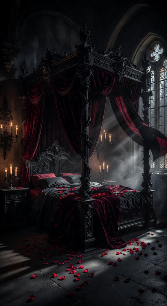 velvet four poster bed dominates