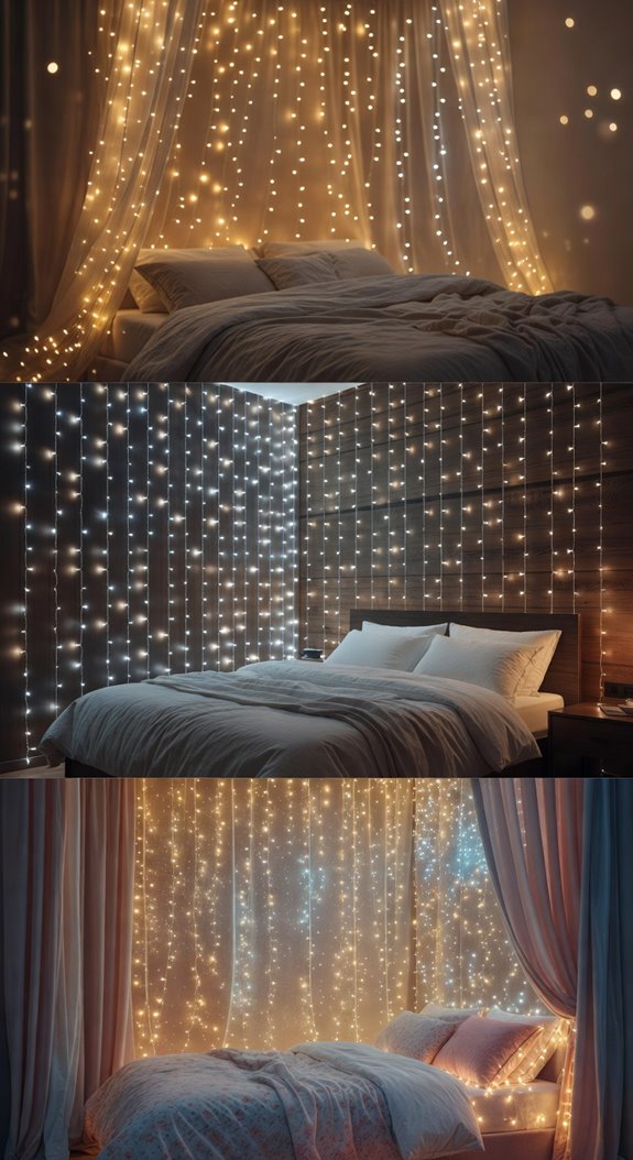 vertical curtain of fairy lights behind bed