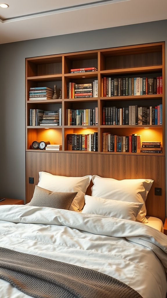 walnut bookshelf headboard organized