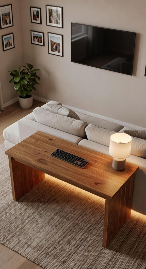 warm toned wooden desk blends seamlessly