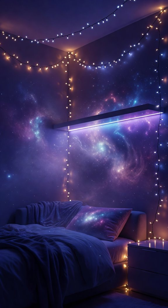 warm white string lights blue purple glow