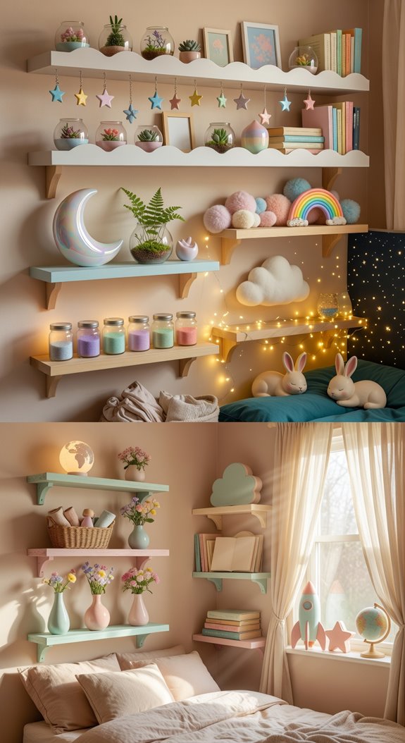 whimsical shelves with fairy lights